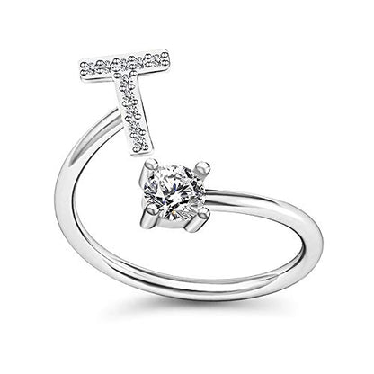 FUTIMELY Initial Letter Ring Alphabet Ring A-Z Silver Crystal Open Adjustable Personalized Initial Ring for Women - style: T