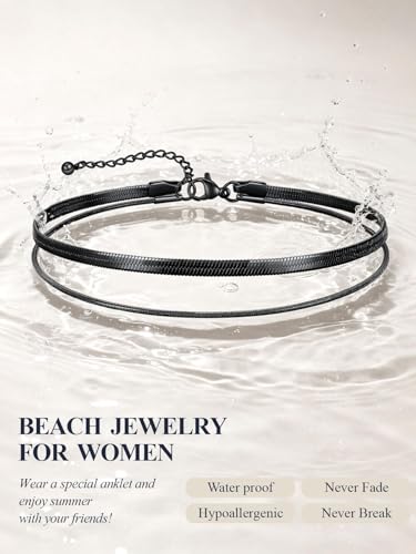 U7 Silver/Gold/Black Ankle Bracelets for Women Layered Chain Anklets | Stainless Steel Anklets Waterproof Summer Beach Anklet Charm, Adjustable 8.5"-10.5",Layered Anklet Fashion - color: Black - Flat Snake Chain+Snake Chain