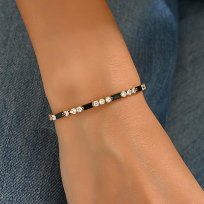 Tennis Bracelet for Women 18K Gold Plated White Red Green Black Blue Pink 3mm Cubic Zirconia Bracelet Dainty Diamond Adjustable Bracelet Trendy Jewelry Gift - color: Black Tennis-Gold