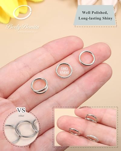 BodyBonita 3pcs Nose Rings Hoops - Double Hoop Nose Ring 14/16/18/20G Hinged CZ Piercing Jewelry Septum Clicker Rings Cartilage Earring Helix Rook Tragus Daith 7mm/8mm/9mm/10mm - color: Silver, size: 16 gauge(1.2mm)-8mm