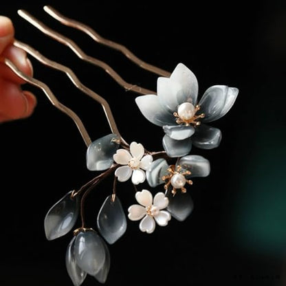 Chinese Hair Sticks,Decorative Hair Fork Pins, Blue and White Floral Design with Pearl Accents Hair Accessories for Women Girls, 4.72 inch