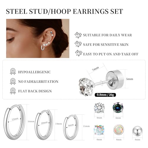Surgical Steel Earrings for Sensitive Ears Hypoallergenic 20G Stainless Steel Stud Hoop Earrings for Women Men Small Opal Ball CZ Surgical Steel Flat Back Earrings Cartilage Earrings Hoop Stud - color: Silver