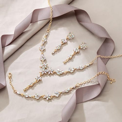 EVER FAITH Crystal Flower Wedding Prom Jewelry Set for Bride Bridesmaid | Rhinestone Costume Party Y-Shaped Necklace Dangle Earrings Bracelet, for Women - color: Iridescent AB Gold-Tone