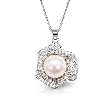 11-12mm White Freshwater Pearl Necklace for Women, Flower Pendant | White Pearl Jewelry Gift for Wife Mom Girlfriend, 16.3"+2" Adjustable Chain，Mother’s Day/Grandma's Gift