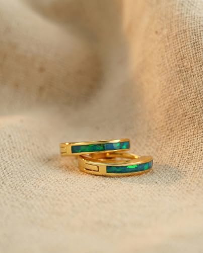 Dainty Opal Huggie Earrings, 14K Gold Plated Cartilage Earrings Jewelry Gift for Women Teen Girls with Quote Card and Velvet Gift Pouch - style: Huggie Earring - Garden Green Opal