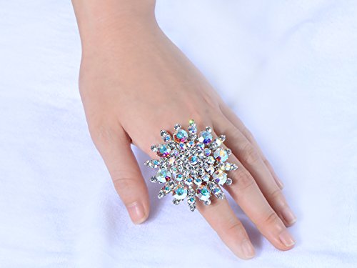 Alilang Adustable Silver Blue Purple Iridescent Crystal Rhinestones Snowflake Flower Floral Ring - color: Aurora Borealis