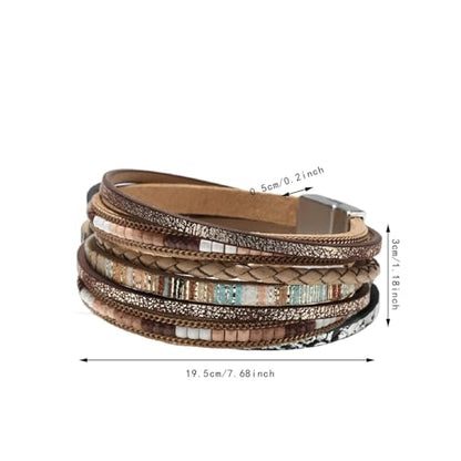 PU Leather Wrap Bracelet for Women Bohemian Handwoven Multi Layered Wristband Fashion Jewelry Accessory 7.68 Inch - color: Khaki