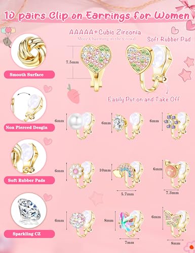 THUNARAZ 10Pairs Clip On Earrings for Women Lightweight Non Pierced Set | Hypoallergenic Gold Stud Earrings,Fake Earrings Set,Cute Pearl CZ Flower Cat Heart,Secure Clip Fit,Extra Soft Silicone Pads - style: goldB