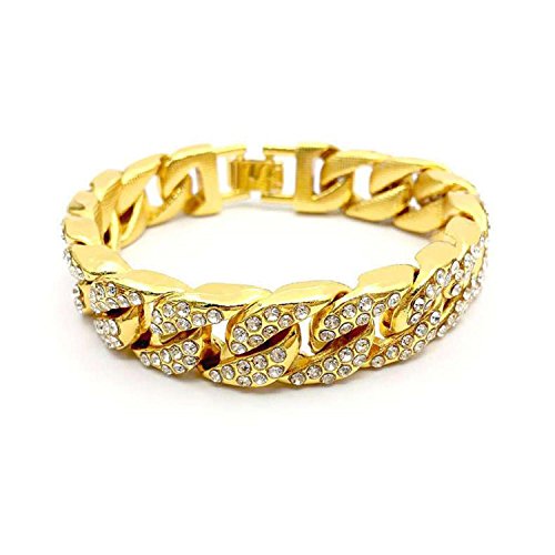 Mens Womens Cuban Link Bracelet Hip Hop Bracelet Stainless Steel Chain Bracelet Iced Out Curb Cuban 18k Gold Plated Bracelet With Clear Rhinestones - color: A-Gold-8.26in