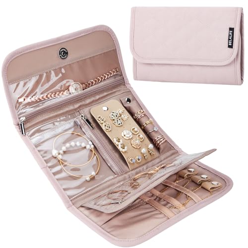BELALIFE Travel Jewelry Case, Jewelry Organizer Roll for Accessories | Bag with foldable roll design for earrings, necklaces, rings, bracelets and brooches,Pink - color: Pink, size: Medium