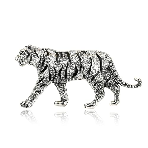 Luxury Crystal Tiger Brooch Pins for Women Men Vintage Gold-Tone Climbing Black Spots Leopard Brooch Fashion Panther Cougar Pin Suit Jackets Coat Animal Jewelry Gift - style: Silver