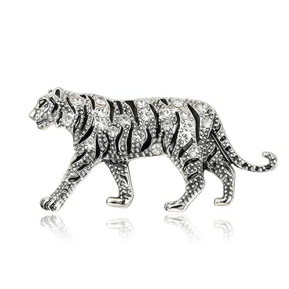 Luxury Crystal Tiger Brooch Pins for Women Men Vintage Gold-Tone Climbing Black Spots Leopard Brooch Fashion Panther Cougar Pin Suit Jackets Coat Animal Jewelry Gift - style: Silver