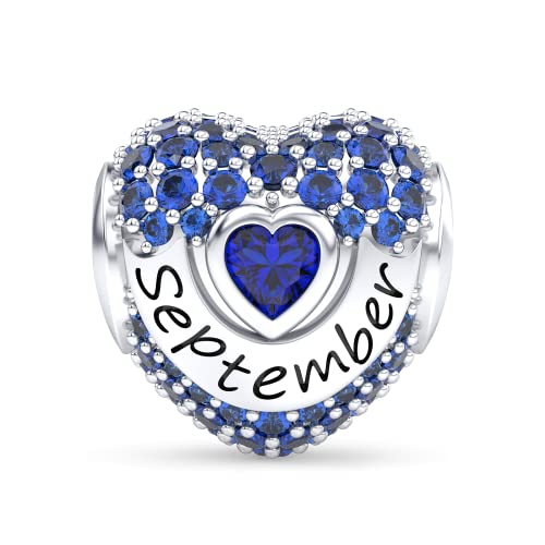 Birthstone Charms Love Heart Openwork Bead Charm for Women Bracelets and Necklaces 925 Sterling Silver with 5A Cubic Zirconia,Jewelry Gifts Women - color: September Birthstone Charms