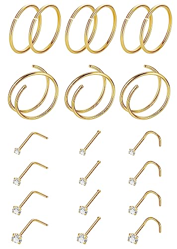 21PCS 18G 20G 22G 316L Stainless Steel Nose Rings Hoop for Women Men Double Nose Ring CZ Nose Stud Piercing Jewelry - color: 22G-Gold tone