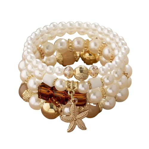 Bohemian Pearl Bracelet Set, 4 Piece Elastic Stretch Beaded Wrist Chain with Starfish Pendant, Boho Faux Pearl Multi-Color Stackable Bracelets for Women - color: Brown
