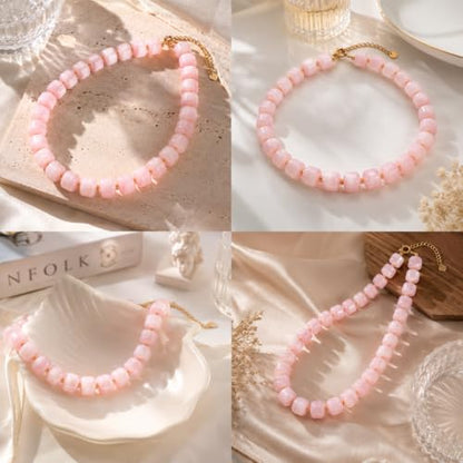 Chunky Colorful Beaded Necklace for Women Boho Summer Statement Resin Choker Necklaces Beach Jewelry Accessories - color: Pink