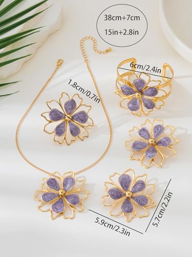 Gold Flower Jewelry Set For Women, 5 Pcs Chunky Golden Floral Pendant Necklace Bracelet Earrings Ring Set Statement Flower Jewelry Gifts For Beach Wedding - color: 5pcs-Purple