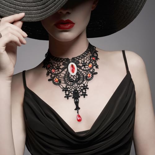 Lace Choker Witch Necklace for Women Halloween Gothic Lace Collar Punk Rhinestone Gothic Necklace Prom Jewelry Halloween Vampire Choker Necklace Costume Emo Witch Accessories - color: Silver Rhinestones