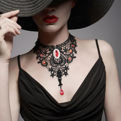 Lace Choker Witch Necklace for Women Halloween Gothic Lace Collar Punk Rhinestone Gothic Necklace Prom Jewelry Halloween Vampire Choker Necklace Costume Emo Witch Accessories - color: Silver Rhinestones