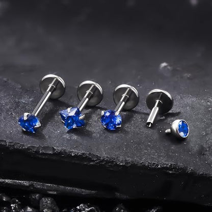 Titanium Flat Back Lip Rings Internally Threaded Earrings Studs Nose Rings 20G 18G 16G Round Heart Square CZ Tragus Cartilage Lobe Rook Helix Conch Labret Medusa Piercing Jewelry for Women Men - color: Blue CZ, size: 20G-6/8/10mm
