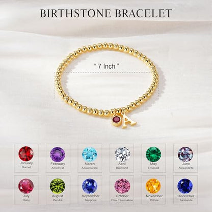 Birthstone Initial Beaded Bracelets for Women - Dainty 14K Gold Plated 12 Months Birthstone Charm Letter A-Z Bracelet Trendy Personalized Birthday Jewelry Gifts for Women Teen Girls - color: Jan-Garnet, style: D