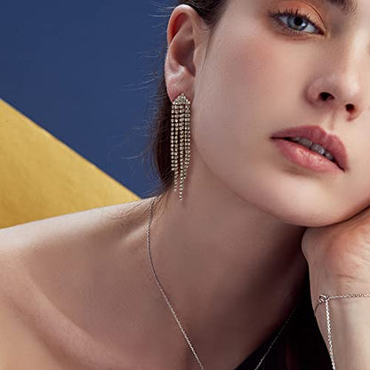 HERIER Rhinestone Earrings Dangling for Women Chandelier Statement Tassel Earrings Girls Silver Sparkly Drop Cubic Zirconia Crystal Earrings Long Dangle Costume Jewelry - color: Silver-Triangle Tassel