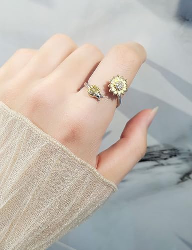 Anxiety Rings for Women – Adjustable Flower Spinner Ring, Daisy & Sunflower Fidget Ring, Gold Plated Calming Jewelry - style: Style 08