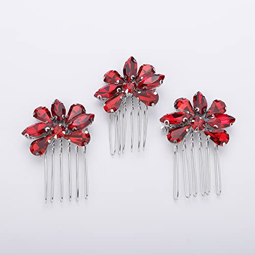 Teyglen Simple Rhinestones Crystal Bride Wedding Hair Comb Set Handmade Red Blue Black Crystal Side Hair Combs Bridal Hair Jewelry Set for Women Bride Girls (Red) - color: Red