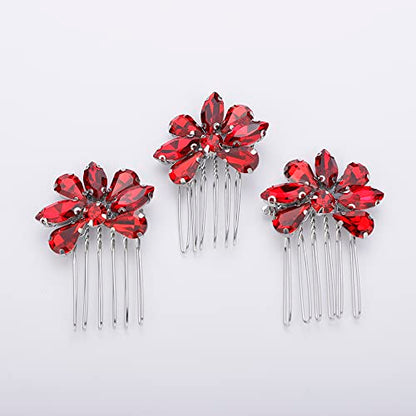 Teyglen Simple Rhinestones Crystal Bride Wedding Hair Comb Set Handmade Red Blue Black Crystal Side Hair Combs Bridal Hair Jewelry Set for Women Bride Girls (Red) - color: Red