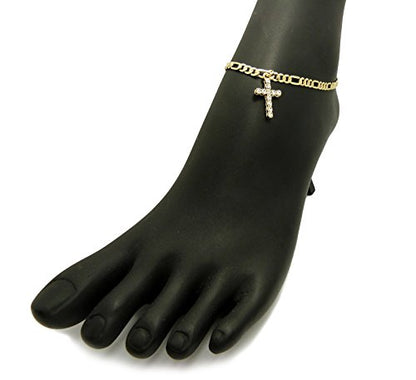 Fashion 21 Women's Cross, Ankh, Queen Nefertiti Piece 10 inches Figaro Chain Anklet Foot Bracelet in Gold Tone - style: Cross Piece / Figaro