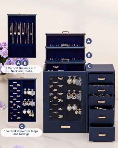 Homde Large Jewelry Box/Organizer/Case with Glass Window, Drawers for Necklaces Earrings Rings Bracelets Watches Gift for Women Girls - color: Dark Blue