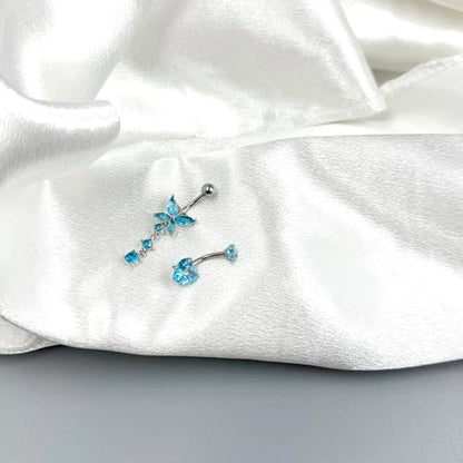 5PCS Crystal Belly Button Ring for Women Dangle Navel Belly Piercing Jewelry Cute Bow Butterfly Heart Angel wings Navel Belly Rings 14G Silver Surgical Steel Belly Button Stud - color: Bule-5pcs