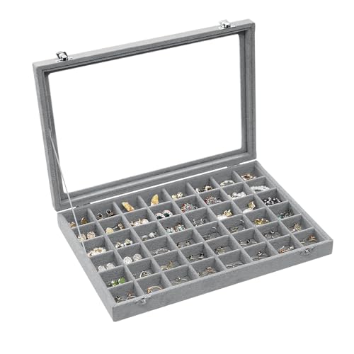 Stratalife Jewelry Organizer, Velvet Earring Storage Box, 13.78"x9.4" | 48 Grid Stackable Jewelry Tray with Clear Lid, Velvet Jewelry Box for Drawer, Necklace Trinket Display Organizer, Beige - color: Gray, size: 48 Grid