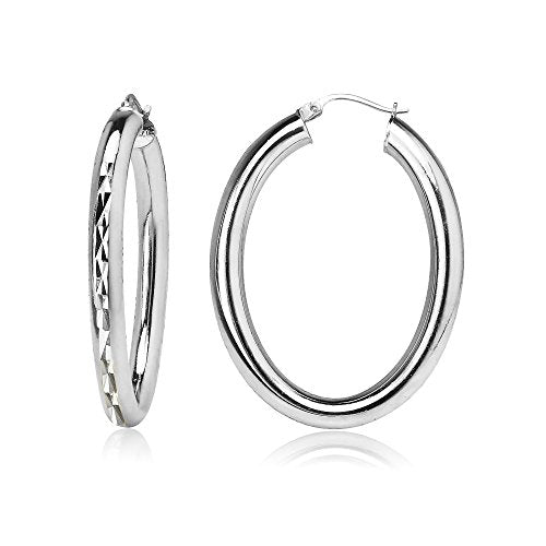 Hoops & Loops 925 Sterling Silver 4mm Thick Oval Diamond-Cut Hoop Earrings, 25mm 30mm, Silver, Yellow Gold, Rose Gold & Black - color: Silver 30mm-1.2''