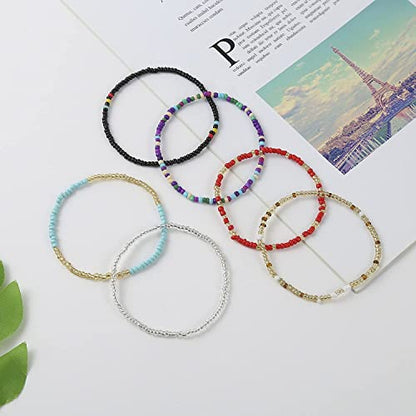 KIFEDSLJ 24Pcs Colorful Beaded Anklets Boho Handmade Beaded African Anklets Multicolor Seed Beads Stretch Ankle Bracelets for Women Elastic Foot and Hand Chain Jewelry