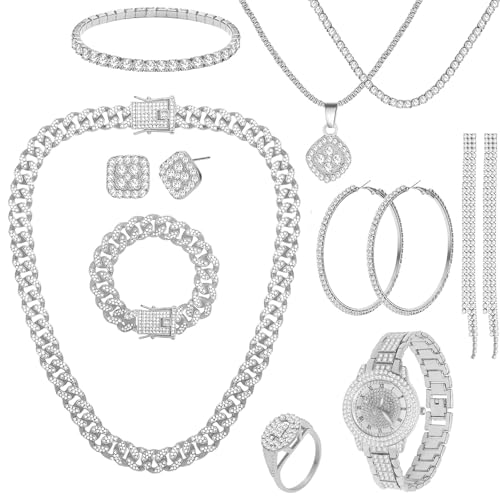 NEWITIN 13 Pieces Silver Jewelry Set for Women Stainless Steel Cuban Link Necklaces Bracelets Earrings Watch Ring Bling Cubic Zirconia Cuban Jewelry Set for Women Men - color: Silver Jewelry Set