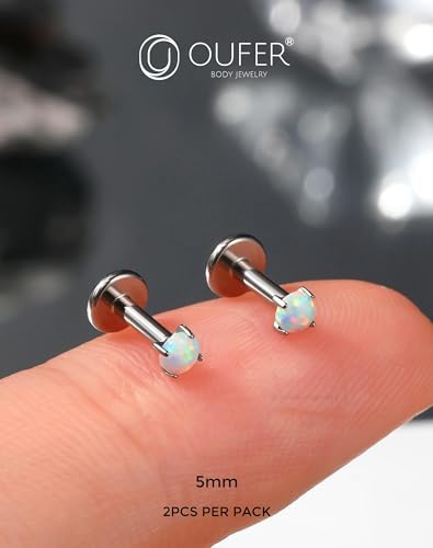 OUFER 2PCS 16G/20G Nose Lip Studs, G23 Solid Titanium Threadless Push in Nose Nostril Lip Labret Medusa Monroe Helix Cartilage Tragus Conch Lobe Piercing Jewelry for Women Men - color: Silver bar, Claw Opal, size: 2pcs, 16g 5mm, 2.5mm Opal