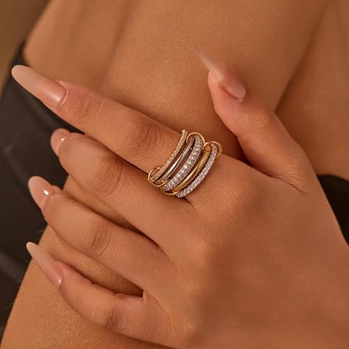 14K Gold Plated Interlocked Stackable Rings for Women Non Tarnish,Gold and Silver Cubic Zirconia Statement Rings Set,Mixed Metals Ring Two-Toned Connected Bands Stacking Jewelry - color: 3*silver rings & 2*gold rings