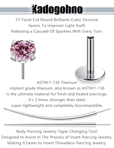 F136 Titanium 20/18/16g Internally Threaded Medusa Monroe Lip Ashley Labret Nose Rings Flat Back Tragus Helix Cartilage Conch Screw Stud Earrings Surgical Steel Piercing Jewelry for Women - color: Pink CZ, size: 16g*1/4in