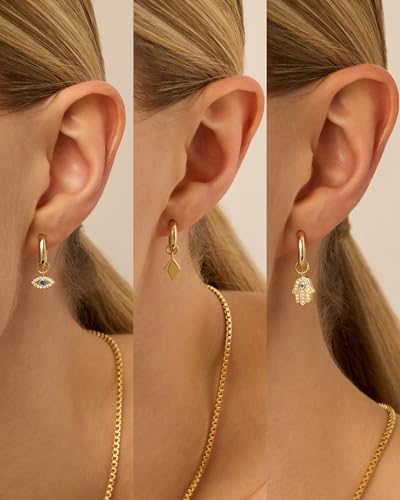 PAVOI 14K Gold Plated Mix & Match Charms Dainty Huggie Earrings for Women | Hypoallergenic Earrings with 925 Sterling Silver Posts, Huggie Hoop Earrings with Motif Dangle Charms Pack - style: Evil Eye
