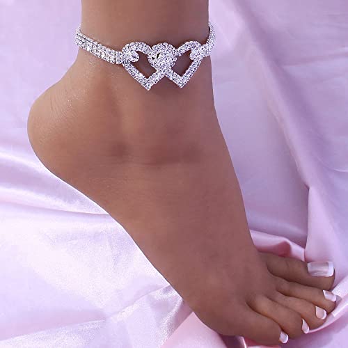 Sora Tuki Ankle Bracelets for Women Tennis Rhinestone Anklets for Women Butterfly Heart Star Cross Anklet Bracelet for Women Plus Size Anklet Bracelets for Big Ankle Beach Foot Jewelry - style: 2 - layer double heart