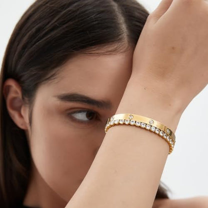 18K Gold Plated Dainty Tennis Bracelets Set 4mm/6mm Love Bangle Bracelets with 3mm/4mm Cubic Zirconia Classic Tennis Bracelet| Gold Bracelets for Women | Size 6.5/7/7.5 Inch - color: 4mm&6mm Gold Tennis Bangle, size: 7 Inches