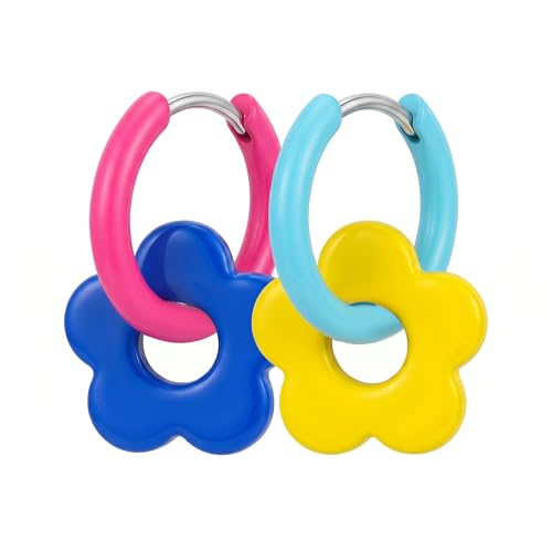 Gorgeous Acrylic Flower Hoop Earrings for Women, Vibrant Colorful Chunky Hoops, Fun Mismatched Floral Jewelry Matching Daily Spring Aesthetic Outfits Perfectly