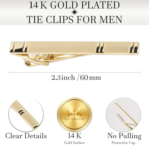HAWSON Light Gold Silver Tie Clips for Mens Necktie, Elegant Satin Tie Bars Pins Tacks, Suit Tie Accessories Business Wedding Gifts - style: Light Gold Classic 2