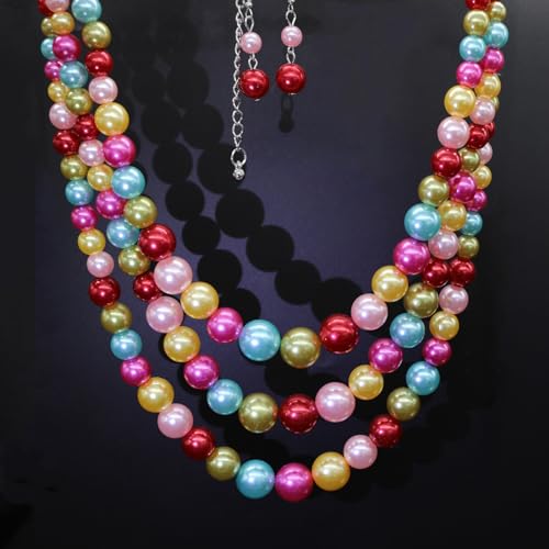 Chunky Layered Imitation Pearl Necklace for Women 3 strand Pearl Necklaces Faux Pearl Necklace Earrings Set 1920s Flapper Gatsby Costume Accessories - color: Colorful Delight