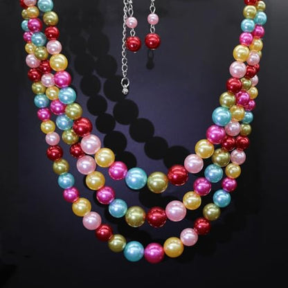 Chunky Layered Imitation Pearl Necklace for Women 3 strand Pearl Necklaces Faux Pearl Necklace Earrings Set 1920s Flapper Gatsby Costume Accessories - color: Colorful Delight