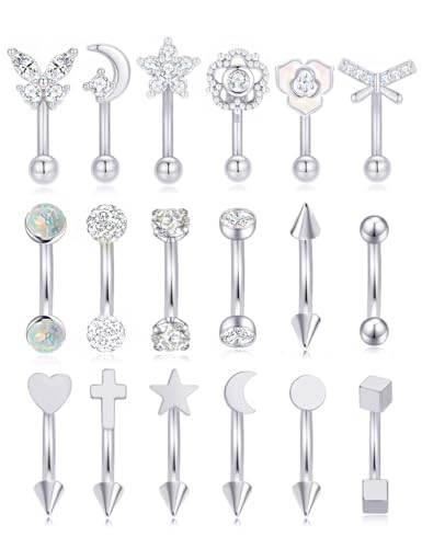 18Pcs Eyebrow Piercing Jewelry 16G Surgical Steel Curved Barbell Eyebrow Rings Butterfly Moon Vertical Labret Monroe Lip Belly Button Rook Daith Tragus Earrings for Women Men Gold Silver 10mm - color: Silver