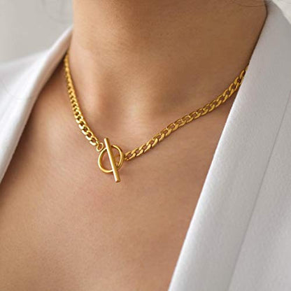 CHESKY 14K Gold Plated Layered Chain Necklace for Women | Trendy Cuban Link Chain, Chunky Paperclip Chain, Toggle Clasp Necklace, Fashion Gold Jewelry, Daily Gift for Women - style: Toggle+Bar