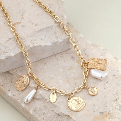 Charm Necklace for Women Gold Evil Eye Sun Moon Flower Coin Pendant Necklace Dainty Paperclip Chain Vintage Luck Amulet Choker Necklaces Celestial Jewelry Gift - style: 7 Charms- Angel,Pearl