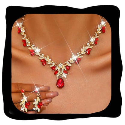 Rhinestone Bridal Wedding Jewelry Sets Gold Necklace Earrings Set Leaf Prom Formal Costume Jewelry Set for Women and Brides - color: Red